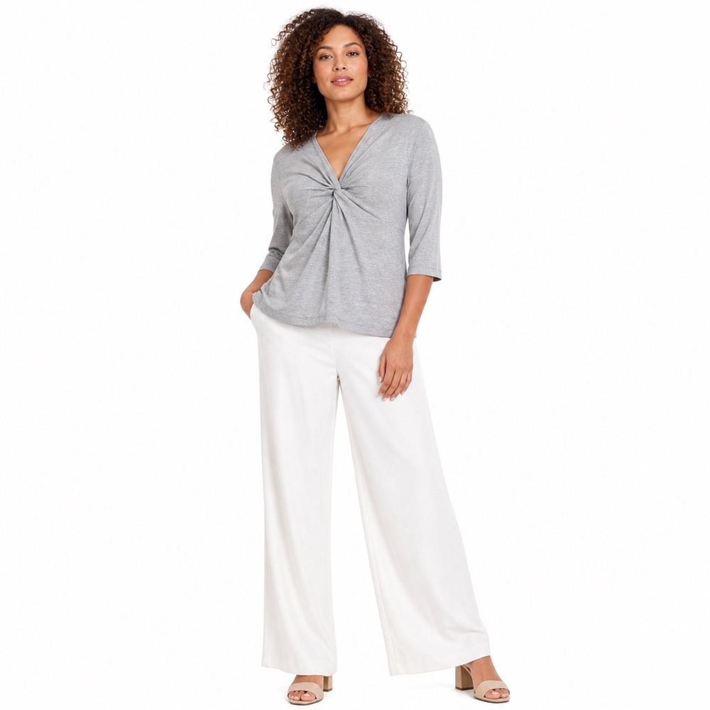 Talbots Striped Knit Top Twist Front Petite S Grey Minimalist Quiet Luxury Soft‎